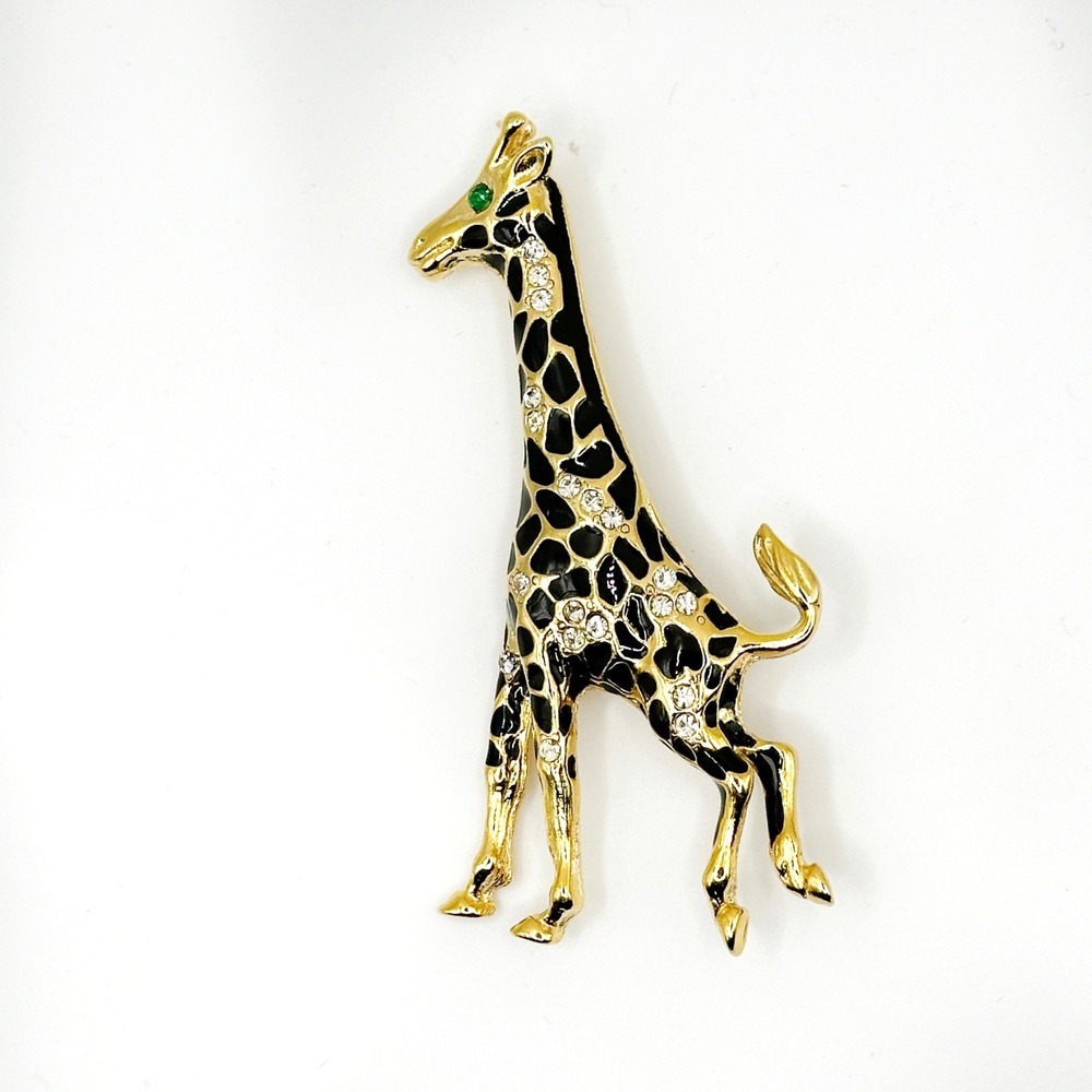 Giraffe Brooch Enameled Emerald Eye Gold Tone 3‎ inches Pin Animal Zoo